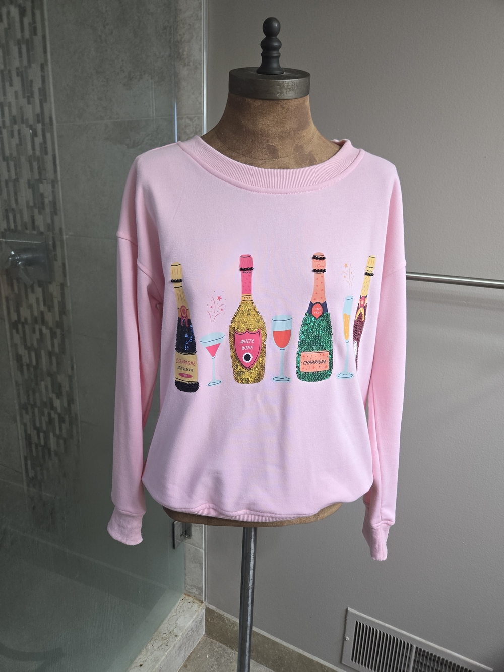 NWOT Womens S Pink Sweatshirt Featuring Sequin Champagne & Wine Bottles